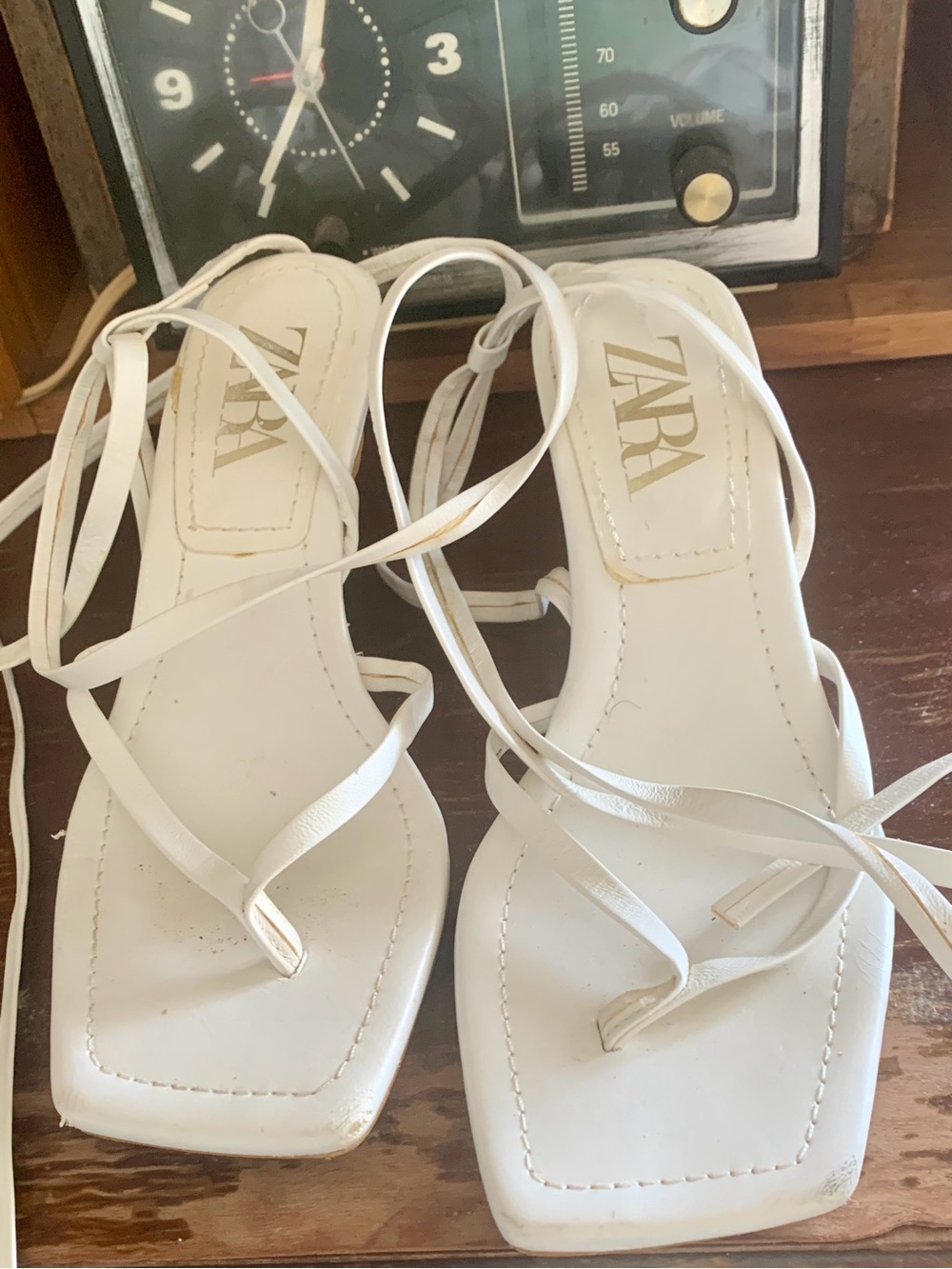 ZARA White Lace-Up Square-Toe Sandals